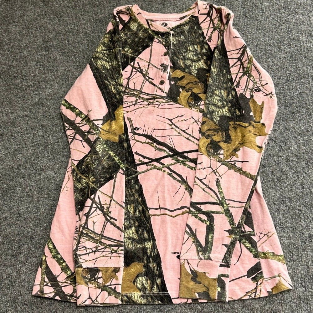 Mossy Oak Henley Shirt Womens Size S Pink Camo Long Sleeve Outdoor Casual Top